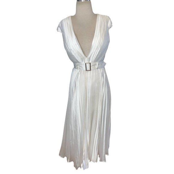 Ieena for Mac Duggal Pleated Cap Sleeve Belted A-Line Midi Dress in White Formal - Picture 4 of 9